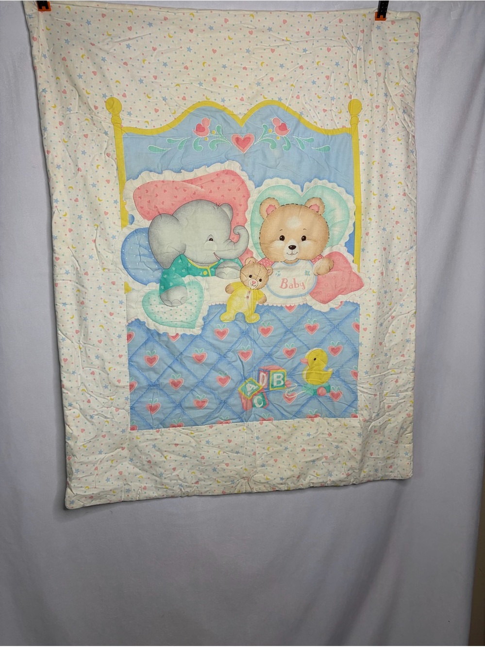 Baby Animal Patchwork Nursery Quilt - Blue, Pink, Yellow